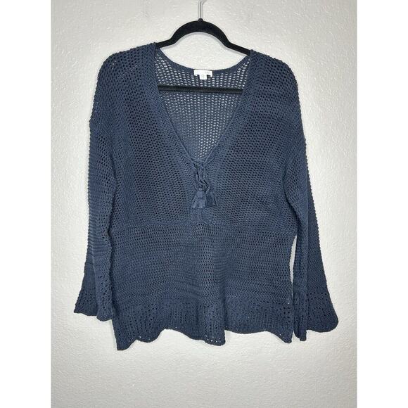 J Jill Open Knit Navy Sweater Tassel Tie Crochet Beachy Coastal Cottage Medium - Picture 1 of 10